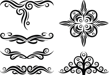 Set of tribal decorative ornaments, tattoo style elements, vintage flourishes, black vector design, floral swirls, ethnic abstract corner patterns