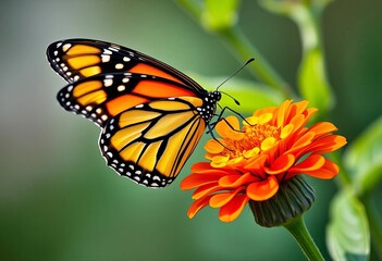Fototapeta premium Vibrant monarch butterfly perched on milkweed flower, macro, lepidoptera