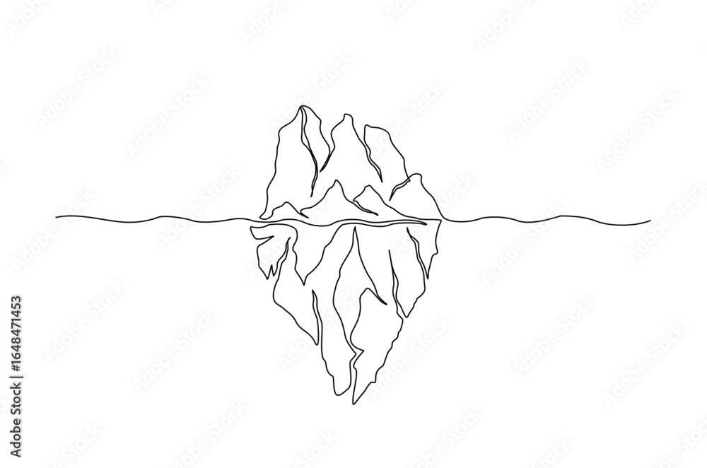 Poster floating iceberg in continuous one line drawing. single line art illustration of tip of iceberg in t