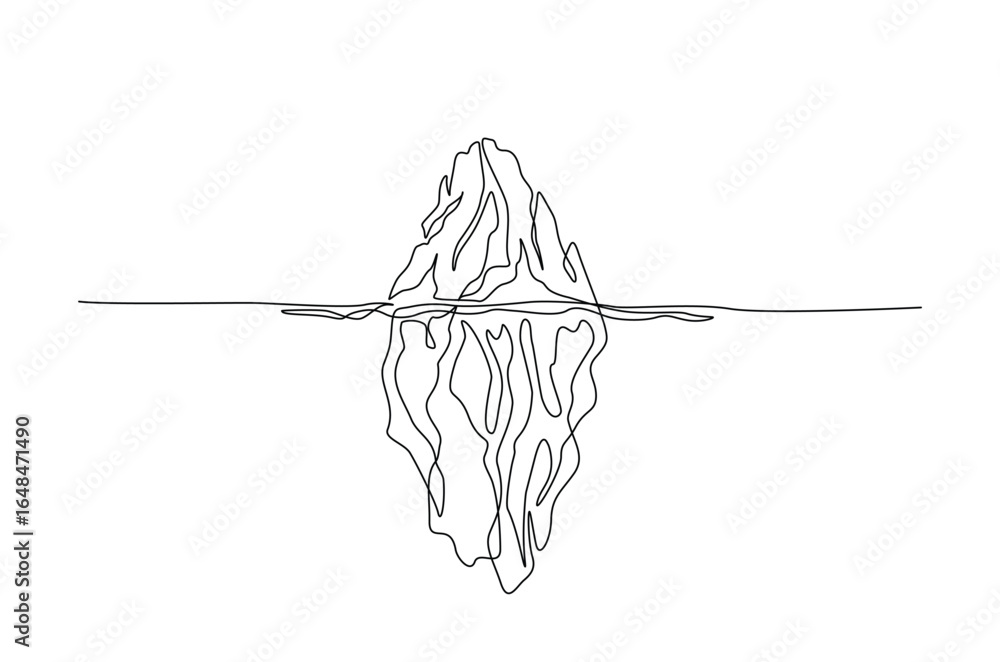 Poster floating iceberg in continuous one line drawing. single line art illustration of tip of iceberg in t
