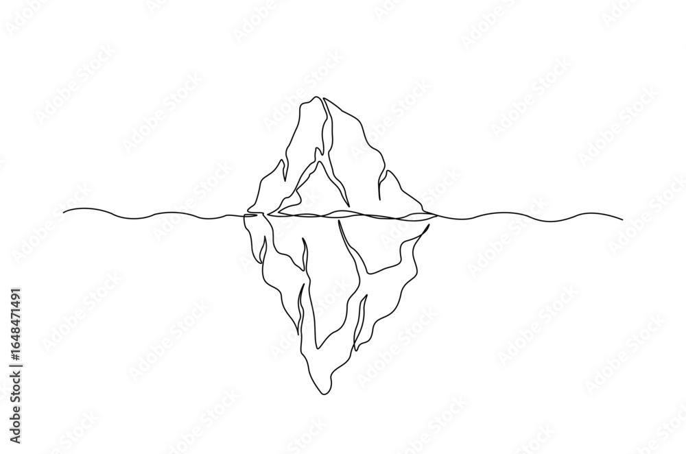 Poster floating iceberg in continuous one line drawing. single line art illustration of tip of iceberg in t