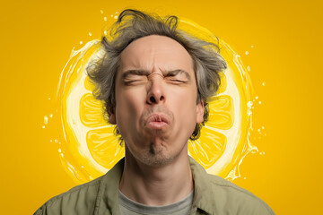 A man biting into extremely sour lemon pickle, one eye shut tight, mouth twisting, lips puckering hard, comical and exaggerated expression