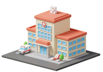 Isolated Modern Hospital Building with Ambulance and Medication - Healthcare