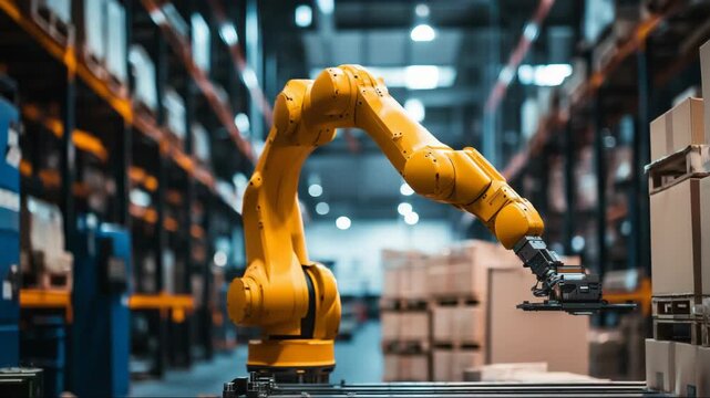 Industrial robot arm working in a modern warehouse during daytime to automate packaging and sorting tasks