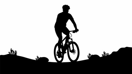 Fototapeta premium Silhouette of a cyclist riding a mountain bike on a trail with vegetation and hilly terrain in the background
