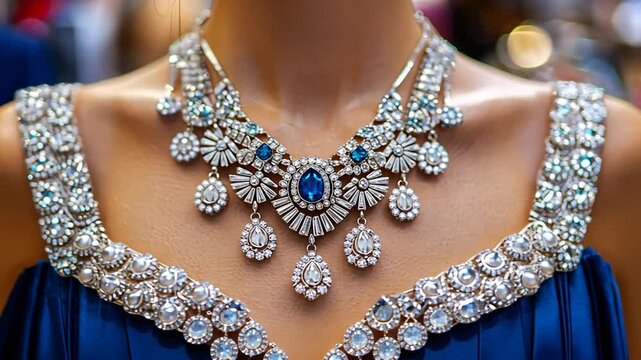 close-up shot with a woman wearing stunning necklace oval blue gemstone pendant for surrounded by intricate silver detailing matching earrings beauty fashion jewelry luxury brand concept - Powered by Adobe