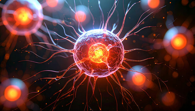 Glowing Futuristic Cells With Tentacles, Science, Biology, Medical, Abstract, 3D Illustration - Powered by Adobe