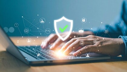 Cybersecurity Interface – Laptop Typing with Shield, Keyhole, and Data Protection Icons