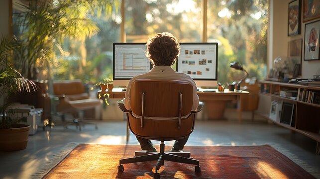 Rear view of a professional working remotely on a desktop with dual monitors in a sunlit home office with a lush garden view.
