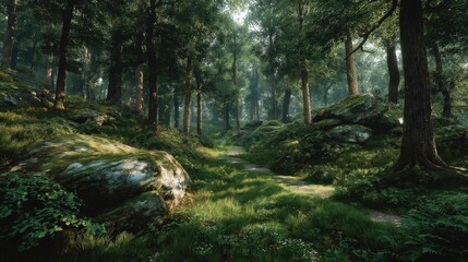 Fototapeta premium Serene Forest Path Surrounded by Tall Trees and Mossy Rocks in Natural Light