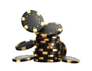 A - Black and Gold Poker Chips Toppling in Mid-Air with Dynamic Motion Blur, Isolated on Transparent Background.