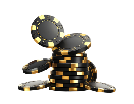 A - Black and Gold Poker Chips Toppling in Mid-Air with Dynamic Motion Blur, Isolated on Transparent Background. - Powered by Adobe