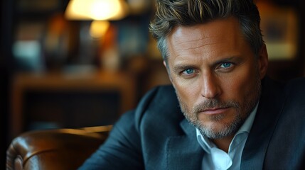 Fototapeta premium Portrait of a successful middle-aged entrepreneur with a confident gaze and piercing blue eyes, seated in his modern office.
