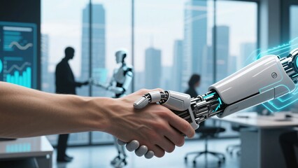 High-tech business handshake partnership between human leader and advanced AI robot in futuristic corporate background