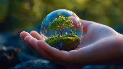 Fototapeta premium Hand Holding Miniature Ecosystem in Glass Sphere with Tree and Moss on Natural Background