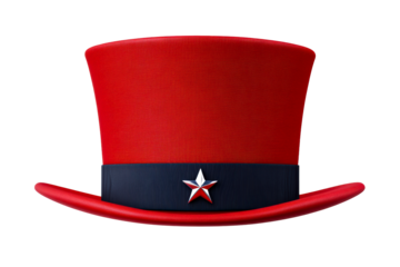 Red top hat with dark blue band and metallic star emblem, cut out transparent