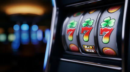 Colorful Slot Machine Close-Up with Lucky Sevens and Shamrocks in Casino Environment