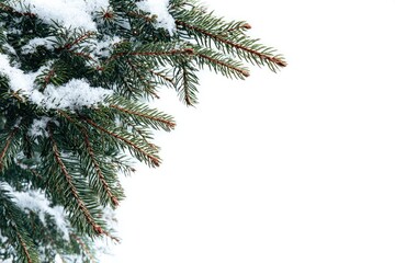 Snowy pine branch corner on white background