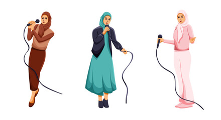 Illustration of Muslim Woman Singing with Microphone