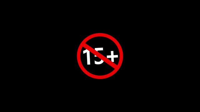 15 plus icon sign animation on dark background. Under 15 sign warning symbol. Over 15 only censored. eighteen age older. 4K animation
