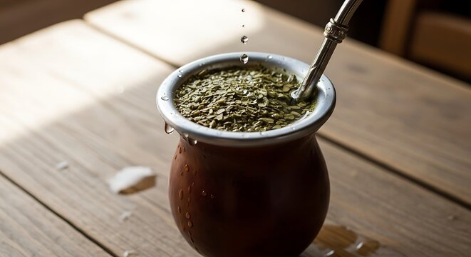 Elegance of yerba mate preparation with calabash gourd on rustic wooden surface