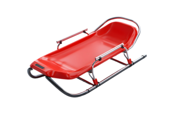 High-Angle Studio Shot of a Red Sled with Metal Runners on transparent backdrop