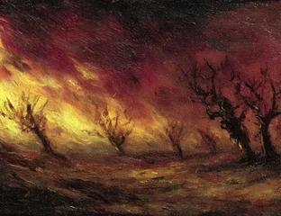 Fototapete Bordeaux Fiery landscape with barren trees ablaze  © petrov