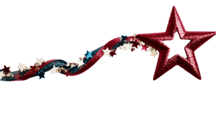 Glittering star streamers flow creating a dynamic composition with national colors, cut out transparent