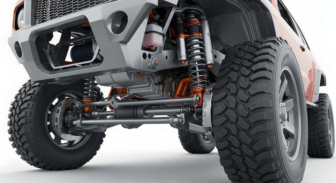 Close-up view of rugged off-road vehicle suspension system showcasing large tires heavy-duty shocks and durable chassis for extreme terrain driving adventure