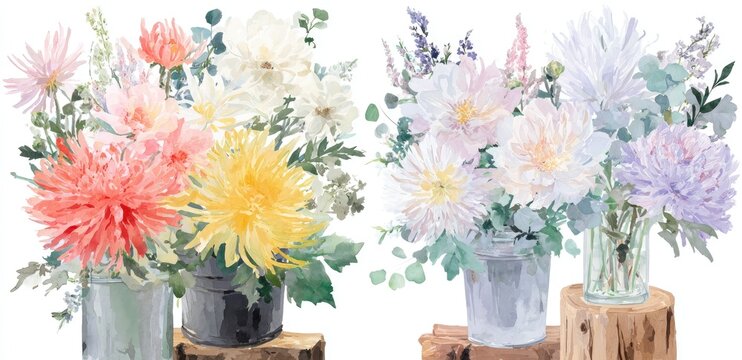 Watercolor floral arrangements in mason jars on wood stumps