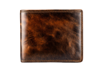 Close-up of a stylish brown leather wallet against a transparent background display