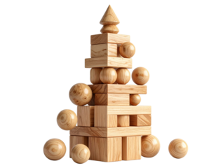 A - Polished Wooden Spheres, Cubes, and Cones in Abstract Vertical Arrangement.