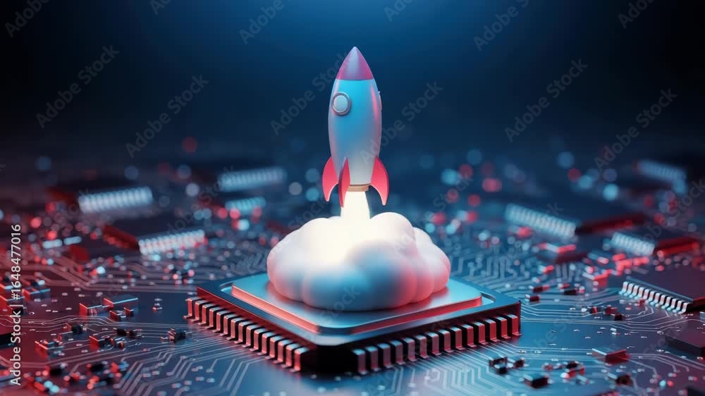 Poster a stylized rocket blasts off from a central computer processor, surrounded by a complex circuit boar
