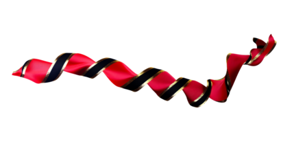Flowing Red Ribbon with Black and Gold Stripes on White Background, cut out transparent