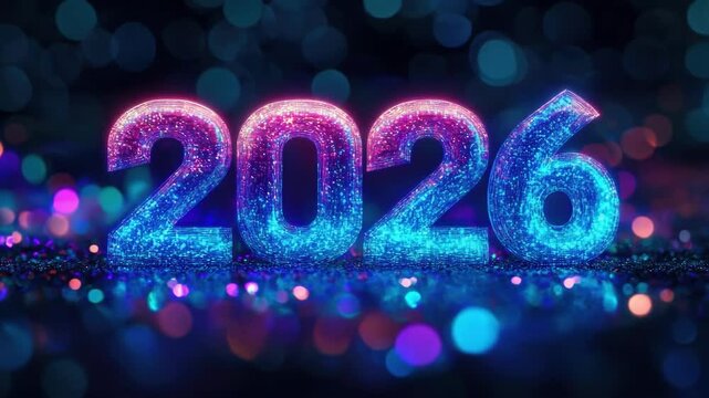 Glittering neon 2026 text with colorful bokeh lights in festive background. Happy New Year 2026