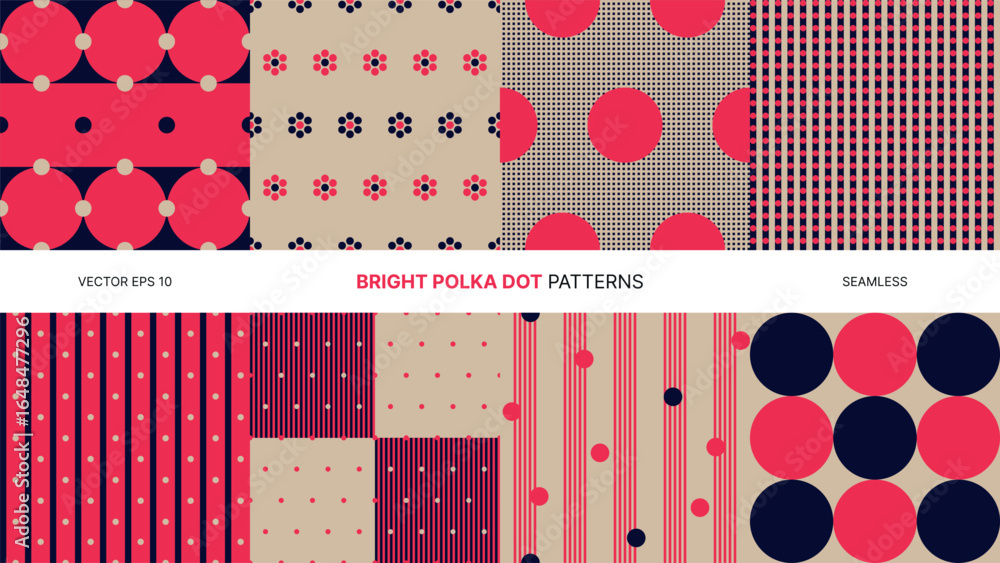 Poster seamless vector patterns with bright polka dots in red navy beige vivid modern retro style abstract 