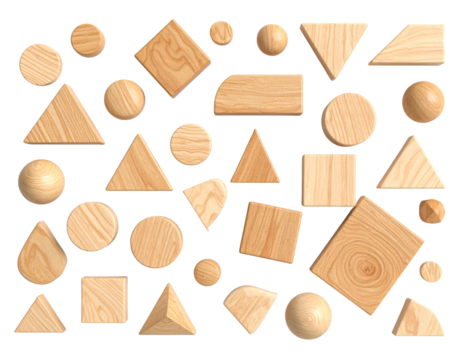 A - Scattered Wooden Geometric Pieces in Artistic Flat Lay Composition, Isolated on Transparent Background.