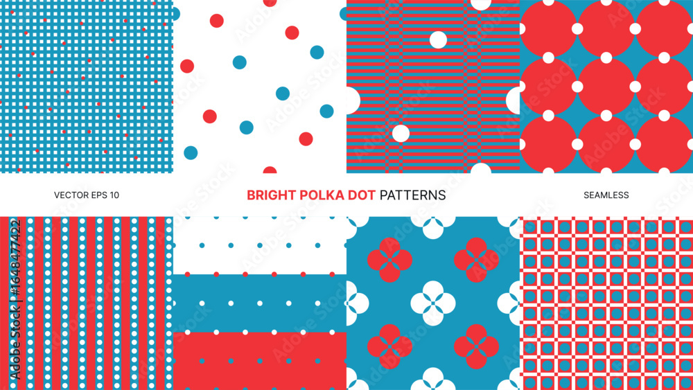 Poster seamless vector patterns with colorful polka dots and geometric shapes in bright red blue white desi