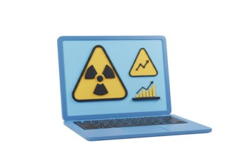 Isolated 3D Render of a Laptop Displaying Radiation Warning and Financial Charts, Risk Analysis