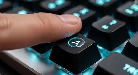 Finger pressing the 'A' key on a backlit mechanical keyboard for gaming and typing