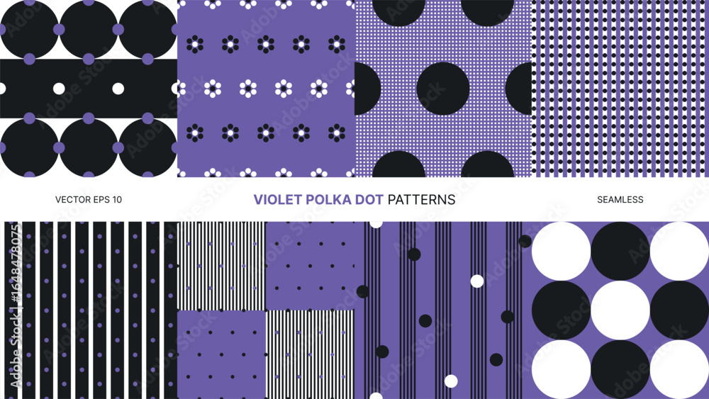 Poster seamless vector patterns with violet polka dots and flowers, modern bold decorative background for f