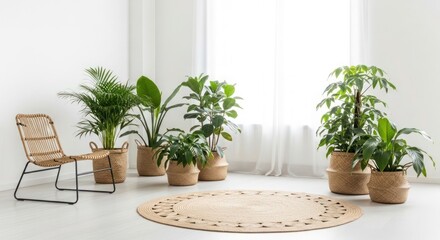 Fototapeta premium Bright room with various potted plants arranged on a jute rug near a wicker chair.