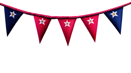 String of Festive Bunting Flags with Stars Isolated on White Background, cut out transparent