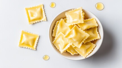 Ravioli flying out of a bowl, sauce droplets suspended, balanced composition, vibrant colors, copy space for text, advertising background