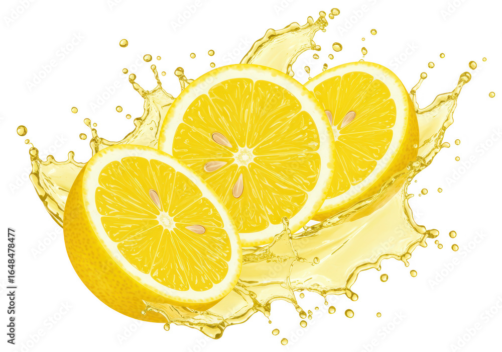 Poster fresh lemon slices splashing in juice, isolated on transparent background