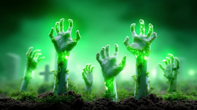 Zombie hands reaching out of grave in graveyard. Green glowing undead arms rising from ground. Spooky scene for Halloween. All Hallows Eve, Samhain