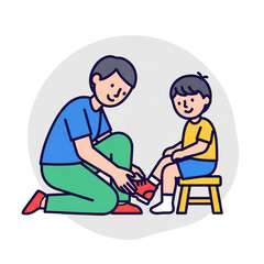 Father assisting his young son with putting on his shoe. A moment of care and support, fostering a close bond and everyday life activity in a flat illustration.