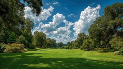 Lush Green Golf Course Under Bright Blue Sky with Fluffy Clouds in Natural Outdoor Setting