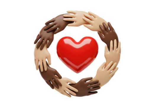 Isolated 3D Render of Diverse Hands Forming a Circle Around a Red Heart, Unity and Diversity Concept
