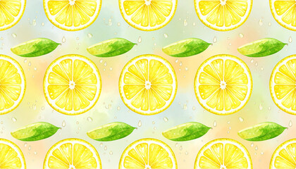 Watercolor illustration of a seamless pattern featuring sliced lemons and green leaves on a colorful background.